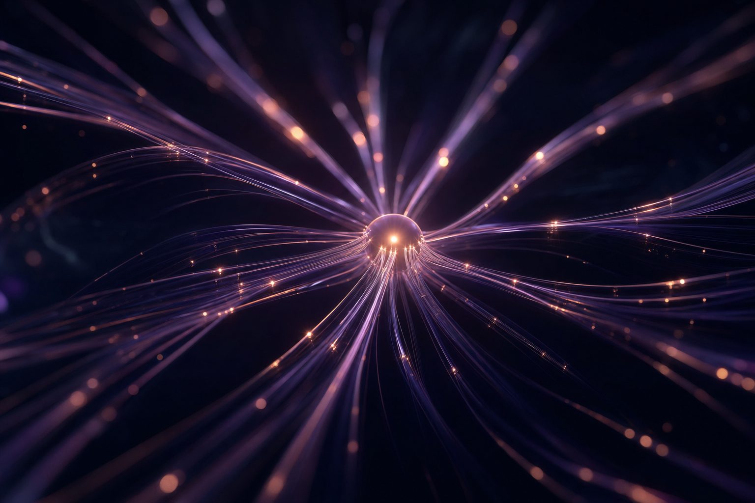 Abstract illustration of fiber-optic light strands converging toward a central node, evoking a Fixed Networks access architecture